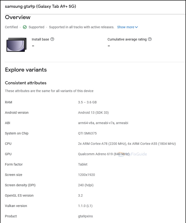 Galaxy Tab A9+ Google Play Console