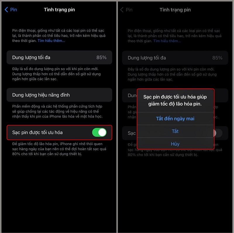 tính năng sạc pin được tối ưu hóa