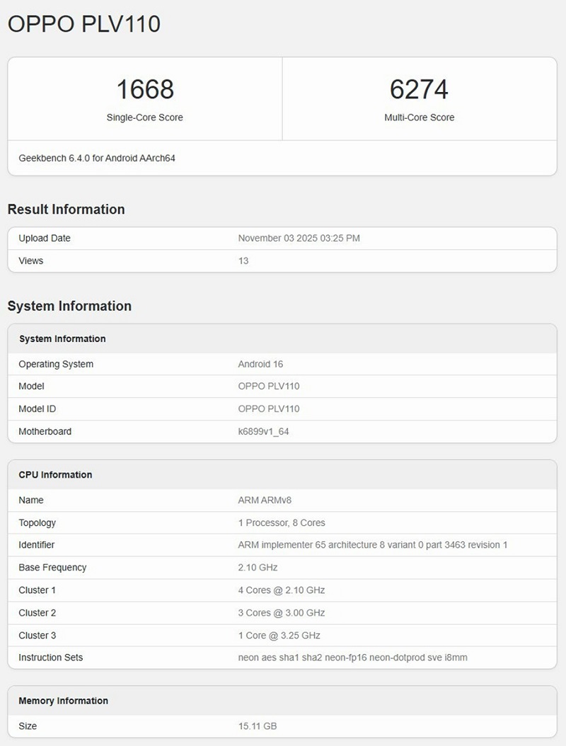 OPPO Reno15 Series xuất hiện trên Geekbench