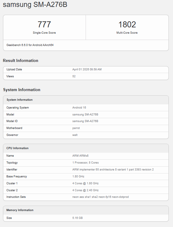 Galaxy A27 lộ Liên minh Vuaboss trên Geekbench