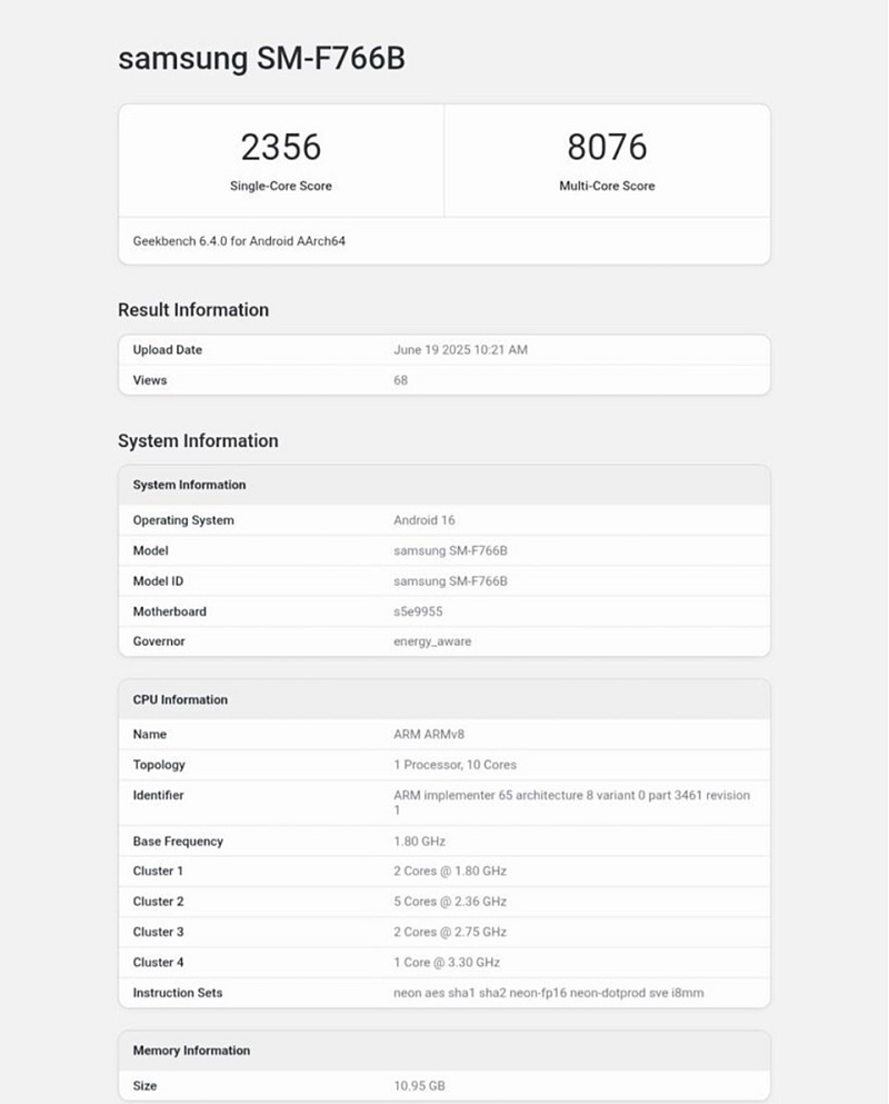 Galaxy Z Flip 7 trên nền tảng đo hiệu năng Geekbench