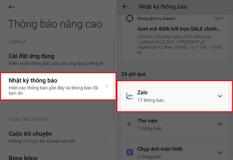nhấn vào Nhật ký thông báo và kích hoạt