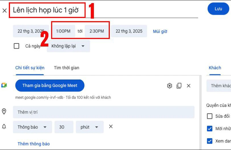 bạn có thể nhập vào các mục tiêu đề cuộc họp, ngày và thời gian bắt đầu