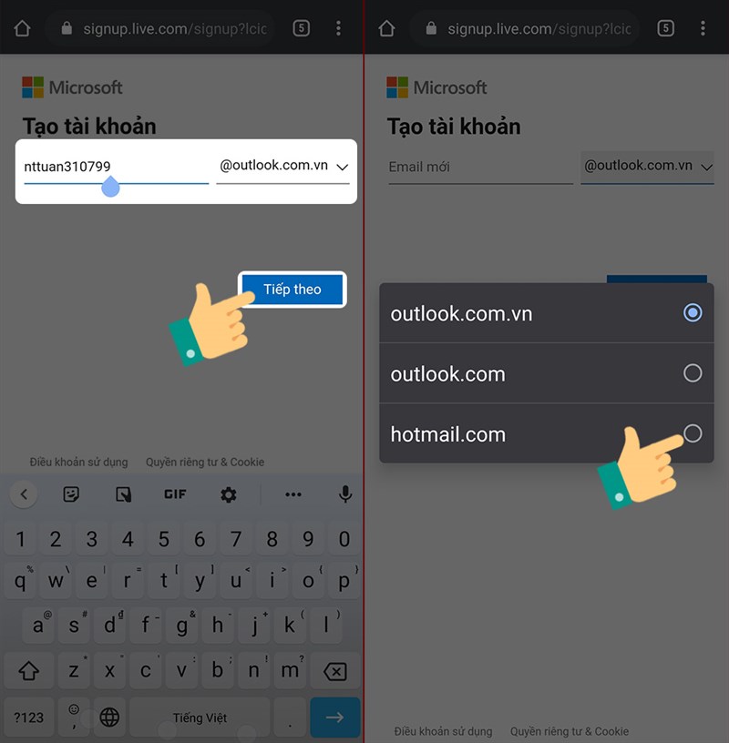 Tạo tài khoản Microsoft mail trên Liên minh Vuaboss gồm trang nào 