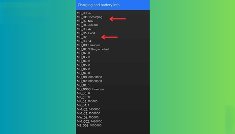 kết quả dùng mã code kiểm tra pin xiaomi