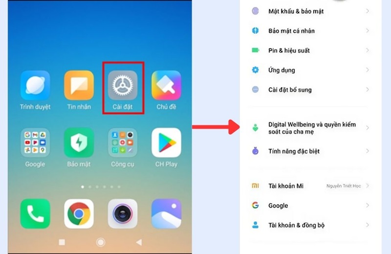 vào cài đặt kiểm tra pin xiaomi