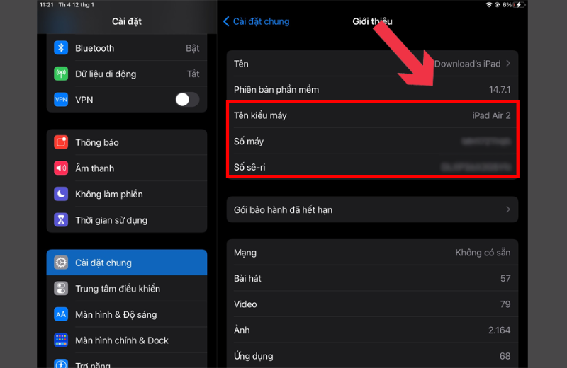 kiểm tra thông tin ở phần cài đặt