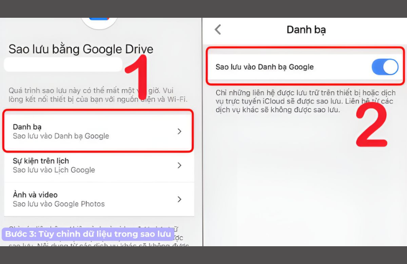 sao lưu vào danh bạn google drive