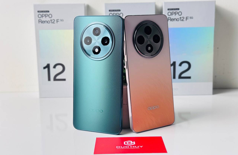 OPPO Reno12 F 5G cũ với 2 màu: Cam và Xanh lá nổi bật