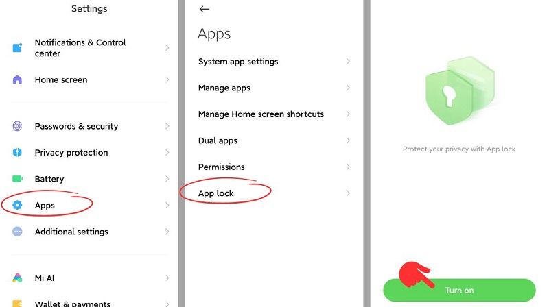 Chọn Settings, chọp App Lock nhấn Turn On