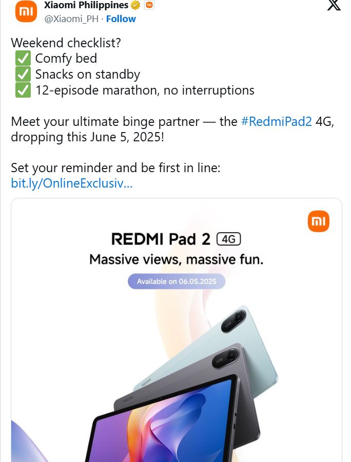 Redmi Pad 2 ra mắt vào ngày 05/06/2025